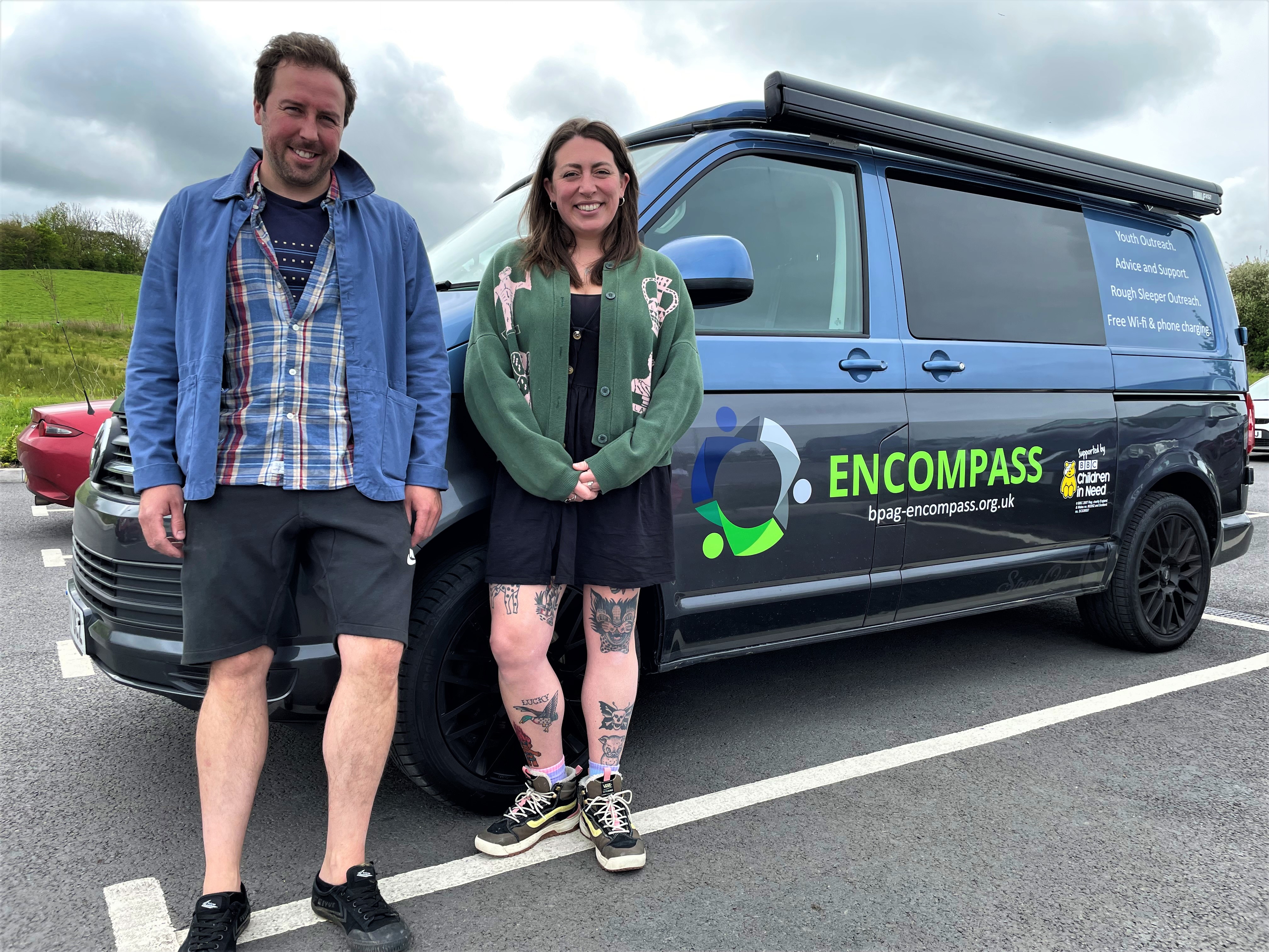 Youth workers Emma Bass and James Moss from The Junction Project with the new outreach camper van funded by BBC Children in Need.